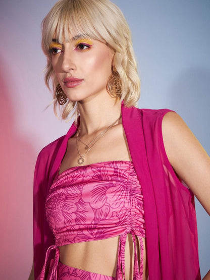 Sassafras Women's Magenta Ruched Crop Top With Pants & Shrug