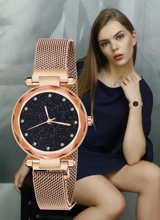 Analog Watch - For Girls Magnetic Strap 12 Diamond Rose Gold