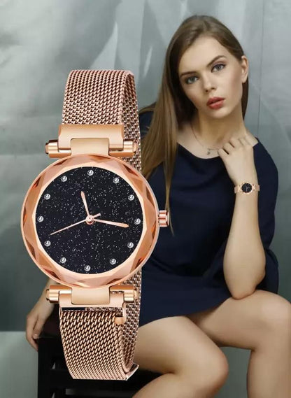 Analog Watch - For Girls Magnetic Strap 12 Diamond Rose Gold
